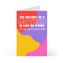 Load image into Gallery viewer, Mother Like No Other Funny Mother's Day Card by R is for Robo features an array of abstract shapes in vibrant red, purple, pink, and yellow. The text humorously reads, "The instinct of a mother is like no other...that's why I never got away with anything," making it an ideal choice for showing humorous appreciation on Mother's Day.