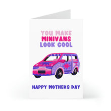 Load image into Gallery viewer, The R is for Robo "Minivans Funny Mothers Day Card for Friend" showcases a vibrant illustration of a minivan. The card features the text "You make minivans look cool" at the top and "Happy Mother's Day" at the bottom, adorned with pink and purple patterns, and offers space for adding a personal handwritten note.