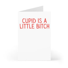 Load image into Gallery viewer, The R is for Robo Anti Valentine's Day Card, also perfect as a Galentine's Day Card, features bold red letters proclaiming, "Cupid is a little bitch," against a crisp white background. Ideal for those embracing the spirit of Galentine's Day, it stands upright and ready to accompany your personal hand-written sentiments.