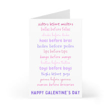 Load image into Gallery viewer, The "Ovaries Before Broveries" Funny Galentine's Day Card by R is for Robo stands upright, displaying colorful phrases like "sisters before misters" and "bellas before fellas" in pink and purple. A handwritten message at the bottom reads, "Happy Galentine's Day.