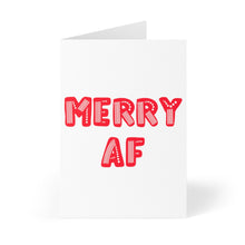 Load image into Gallery viewer, The Merry AF Christmas Card by R is for Robo showcases bold red letters on a crisp white background. Crafted from heavyweight matte card, this playful card stands upright, perfect for your hand-written note.