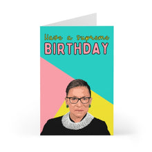 Load image into Gallery viewer, The RBG Ruth Bader Ginsburg Birthday Card by R is for Robo presents a graphic illustration of a person wearing glasses and a lace collar. The card features a colorful divided background with "Have a Supreme Birthday" at the top, making it ideal for adding your own handwritten note.