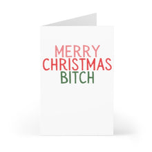 Load image into Gallery viewer, The Merry Christmas Bitch - Funny Christmas Card for Her by R is for Robo features a witty design in bold red and green letters on a white background, standing open to deliver a cheeky twist on the traditional holiday greeting with its charm of a hand-written note.
