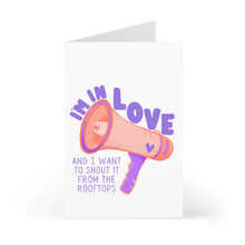Load image into Gallery viewer, Introducing the Cute Valentines Day Card for Husband or Wife by R is for Robo, featuring a charming drawing of a megaphone. The card's vibrant purple and pink letters beautifully express, "I'm in love and I want to shout it from the rooftops.