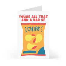 Load image into Gallery viewer, The "All That and a Bag of Chips Funny Congratulations Card" by R is for Robo features an illustrated bag of chips with the phrase "YOU'RE ALL THAT AND A BAG OF CHIPS" above. Its vibrant design, accented in red, yellow, and blue on a white background, captures a playful tone ideal for heartfelt handwritten notes.