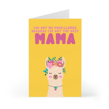 Load image into Gallery viewer, The "Llama Mama Happy Mothers Day Card From Daughter" by R is for Robo features a lively design with a smiling llama wearing a flower crown set against a bright yellow background. The cheerful message, "I've got no probllamas because I've got the best MAMA," is displayed in bold, colorful letters, making it an ideal card to brighten her day!