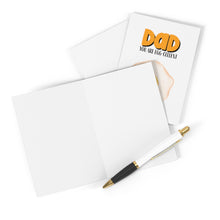Load image into Gallery viewer, Celebrate Father's Day with the Eggcellent Punny Pun Card from R is for Robo, featuring "Dad, you are egg-cellent" next to a charming fried egg illustration. An open blank card and a stylish black and white pen with gold accents are ready for your heartfelt note on the pristine white surface.