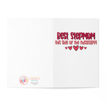 Load image into Gallery viewer, A Stepmom Funny Mother's Day Card from R is for Robo features the phrase "Best Stepmom this side of the Mississippi" in a playful red font with heart graphics. The RoRo Design logo is displayed in the bottom left corner, alongside social media handles and product details, making it ideal for adding a personal hand-written note!
