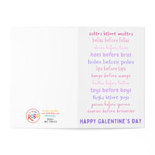 Load image into Gallery viewer, The "Ovaries Before Broveries Funny Galentine's Day Card" by R is for Robo features playful rhymes and highlights friendship with phrases such as sisters before misters and toys before boys in vibrant pink and purple text. A handwritten note at the bottom adds a special touch with HAPPY GALENTINES DAY in blue.