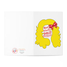 Load image into Gallery viewer, Illustration of a humorous Christmas card called "Dolly Funny Christmas Card for Country Music Lovers" by R is for Robo. The design showcases stylized yellow hair adorned with a red ribbon, with the text "Have a Holly Dolly Christmas" written inside, making it an ideal gift for Dolly Parton fans and country music enthusiasts. The left side features the brand's small logo and text.