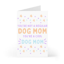 Load image into Gallery viewer, The "Dog Mom Mother's Day Card From The Dog" by R is for Robo features pastel colors and the message, "You're not a regular dog mom, you're a cool dog mom," adorned with star and dot patterns. It's an ideal choice for a Mother's Day card.