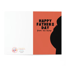 Load image into Gallery viewer, The "First Fathers Day Card from the Baby Bump" by R is for Robo features an orange background on the right side with a silhouette of a pregnant belly and the text "Happy First Father's Day from the bump." The left side is blank, with branding details at the bottom, making it an ideal choice for a Daddy-to-Be.