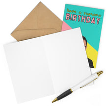 Load image into Gallery viewer, A blank greeting card sits open next to a brown envelope and a black and white pen, ready for your handwritten note. On the right, a colorful birthday card featuring "Have an awesome BIRTHDAY" peeks out, reminiscent of the bold style of the RBG Ruth Bader Ginsburg Birthday Card by R is for Robo.