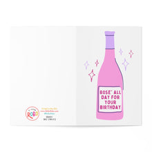 Load image into Gallery viewer, Illustration of a humorous birthday card featuring a pink bottle on the right with the phrase "Rosé All Day For Your Birthday" surrounded by sparkling stars. Ideal for wine enthusiasts, the left side includes details from R is for Robo and their logo.