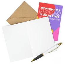 Load image into Gallery viewer, An open blank card with a pen rests beside a brown envelope. In the background, you can catch a glimpse of the colorful "Mother Like No Other Funny Mother's Day Card" from R is for Robo, ready for your heartfelt handwritten note.