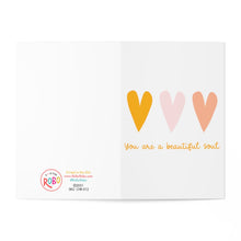 Load image into Gallery viewer, The Beautiful Soul Positive Affirmation Card for Friend from R is for Robo features three heart shapes in yellow, pink, and orange on the right side above the text "You are a beautiful soul." The left side of the card presents the logo and contact information for R is for Robo.