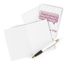 Load image into Gallery viewer, A blank card and envelope are positioned alongside a pen featuring a gold tip. The R is for Robo Funny Mother's Day Card for Mom from Daughter displays a humorous speech bubble that says, "Thanks for answering my phone calls 10 times a day." The word "Day" is partially visible, making it the ideal card to bring humor and heart to your mom.