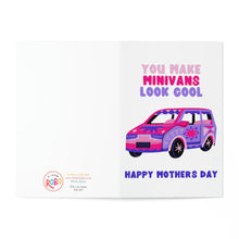 Load image into Gallery viewer, Celebrate with the "Minivans Funny Mothers Day Card for Friend" by R is for Robo, featuring a vibrant, cartoon-style minivan illustration. The card humorously states, "You make minivans look cool. Happy Mothers Day." Add your own handwritten note inside for a personal touch she'll treasure.