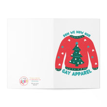 Load image into Gallery viewer, The Funny Gay Pride Christmas Card by R is for Robo features a red and green sweater with a Christmas tree design. The card celebrates the LGBTQ+ community with the phrase "Don we now our" above the sweater.