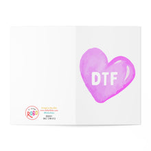 Load image into Gallery viewer, The DTF Funny Dirty Valentine's Day Card by R is for Robo offers a humorous surprise, featuring a pink watercolor heart on the right with "DTF" in bold white letters. The bottom left corner highlights the brand's logo, enhanced with a small red heart. Open it up to personalize it with your own handwritten message inside!
