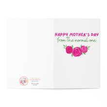 Load image into Gallery viewer, The "Funny Mothers Day Card from Daughter" by R is for Robo features an open design with pink text that reads "Happy Mother's Day from the normal one," alongside an illustration of three pink roses. This humorous card includes a brand logo and website details at the bottom left, making it ideal for a light-hearted Mother's Day celebration.
