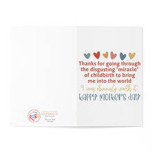 Load image into Gallery viewer, The R is for Robo's "Rude Funny Mother's Day Card - Childbirth is Gross" showcases vibrant heart illustrations and a cheeky handwritten message: "Thanks for enduring the unpleasant journey of childbirth to bring me into the world. I was obviously worth it." Celebrate Mother's Day with humor!