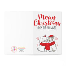 Load image into Gallery viewer, The Merry Christmas from the Fur Babies Christmas Card by R is for Robo features an illustration of a dog and cat wearing Santa hats and scarves, sitting together against a white background—an ideal design for the perfect Christmas card.