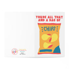 Load image into Gallery viewer, This humorous congratulations card, called the "All That and a Bag of Chips Funny Congratulations Card," from the brand R is for Robo, features a prominent illustration of a bag of chips on the right side. Above it, the text humorously declares, "You're all that and a bag of chips." The left side displays the R is for Robo logo, contact information, and provides space for a personal handwritten note.