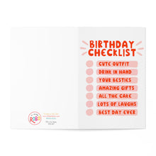 Load image into Gallery viewer, The "Birthday Checklist Funny Birthday Card for Her" from R is for Robo showcases a humorous birthday checklist on the right page, highlighting items such as Cute Outfit, Drink in Hand, Your Besties, and Best Day Ever. The left page is adorned with the brand's logo and website.