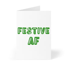 Load image into Gallery viewer, A white greeting card by R is for Robo, featuring green text in the center that reads "Festive AF," perfect for sending humorous holiday wishes.