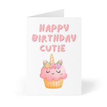 Load image into Gallery viewer, The "Cutie Cupcake Birthday Card for Kids" by R is for Robo features a delightful cupcake illustration that looks like a unicorn, complete with a horn and floral decorations. The card includes the message "Happy Birthday Cutie" in pink, playful letters, making it an ideal choice for little ones.