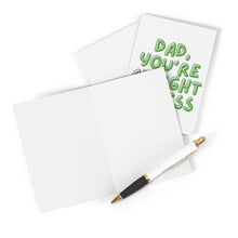 Load image into Gallery viewer, An unfilled Father's Day card is open beside a pen with a gold tip. Two envelopes and a humorous card from R is for Robo, featuring green text that says "DAD, YOU'RE SUPER HIGHNESS," are positioned above it, ready to bring a smile.