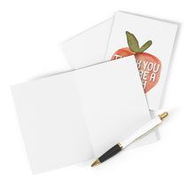 Load image into Gallery viewer, Two blank greeting cards with envelopes are placed next to a black-and-white pen. One card, known as the "You are a Peach Thank You Card" by R is for Robo, features a watercolor apple alongside the message THANK YOU, YOU ARE A PEACH, ideal for writing personal notes or conveying appreciation.