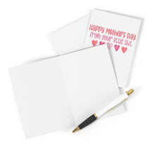 Load image into Gallery viewer, A folded greeting card and an open one rest on a white surface beside a pen. The folded Mother’s Day card from the brand R is for Robo humorously reads "Happy Mother's Day from your little shit" in pink text with heart illustrations, making it the perfect funny card for a daughter to give. The open card remains blank.
