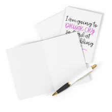 Load image into Gallery viewer, A blank greeting card and envelope with a white and black pen lie on the surface. Nearby, a Drunk Cry Funny Wedding Card or Engagement Card by R is for Robo is partly visible, featuring the text "I am going to drunk cry so hard at your wedding" in black and pink cursive lettering.