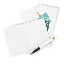 Load image into Gallery viewer, A blank greeting card is displayed beside a teal envelope and the "New House Who Dis?" housewarming card by R is for Robo, featuring a house graphic. A black and white pen with gold accents, ideal for writing a heartfelt handwritten note, rests on top.
