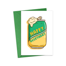 Load image into Gallery viewer, Perfect for a beer enthusiast, the "Beer Lover Pun Punny Birthday Card for Him" from R is for Robo showcases a whimsical illustration of a yellow and green beer can with frothy foam on top. The playful "Happy Beerthday" text on the can adds an amusing twist, and it comes complete with a charming green envelope.