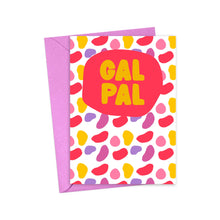 Load image into Gallery viewer, The Gal Pal BFF Galentine's Day Card for Best Friend by R is for Robo showcases a vibrant abstract design with pink, yellow, and purple shapes. The words "GAL PAL" stand out in bold yellow letters against a red backdrop. Made from heavyweight matte paper, this card comes with a light purple envelope, making it ideal for adding your personal handwritten note.
