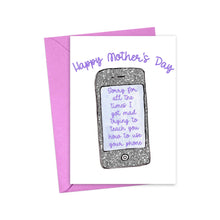 Load image into Gallery viewer, The Technology Funny Mother's Day Card by R is for Robo features "Happy Mother's Day" in bold purple, alongside a smartphone illustration with a tech-themed humorous apology about teaching its use. Elegantly displayed on a purple envelope, this card is perfect for moms who appreciate a good laugh.