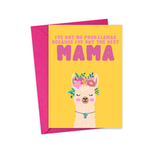 Load image into Gallery viewer, The Llama Mama Happy Mother's Day Card from Daughter by R is for Robo features a vibrant design, complete with a pink envelope. It highlights a llama decorated with flowers alongside the message, "I've got no prob-llamas because I've got the best Mama." Set against a vivid yellow background with bold pink text, it's an ideal choice to wish your mom a Happy Mother's Day.