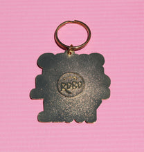 Load image into Gallery viewer, A gold glittery "Shop Small Yall" keychain from R is for Robo, featuring a circular logo in the center, hangs against a pink textured background to celebrate small-scale entrepreneurship.