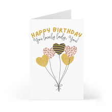 Load image into Gallery viewer, The Lovely Lady Balloons Birthday Card by R is for Robo is a heavyweight matte card featuring heart-shaped balloons with stripes and polka dots. It reads, "Happy Birthday, you lovely lady, you!" The simple and elegant design on a white background is ideal for adding a personal handwritten note.