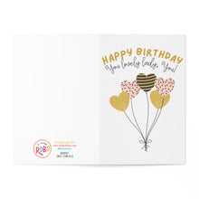 Load image into Gallery viewer, The Lovely Lady Balloons Birthday Card by R is for Robo features heart-shaped balloons in gold, pink polka dots, and black stripes with the message "Happy Birthday You Lovely Lady, You!" It is printed on heavyweight matte card for a premium feel, with the logo and details at the bottom left.