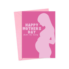 Load image into Gallery viewer, The First Mothers Day Card from the Baby Bump by R is for Robo is an ideal Mother's Day gift, featuring a pink design with the silhouette of a pregnant woman. The card warmly reads "Happy Mother's Day from the bump" in white text and includes a matching pink envelope that is partially visible behind it.