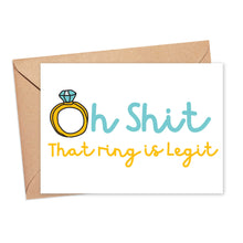 Load image into Gallery viewer, Celebrate the bride-to-be with the "That Ring is Legit Funny Engagement Card for Bride" by R is for Robo. This delightful card comes with a brown envelope and showcases a diamond ring design, complemented by the whimsical text "Oh Shit That Ring is Legit" in playful turquoise and yellow fonts.
