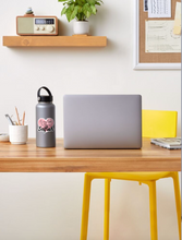 Load image into Gallery viewer, A minimalist desk setup includes a laptop, a gray water bottle with the "It's My Turn to Take a Selfish Alexis" sticker from R is for Robo, and a pencil holder. In the background, a yellow chair enhances the scene alongside a plant and bulletin board, while on a wooden shelf there rests a small radio embellished with pink and black durable vinyl accents.