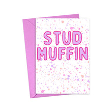 Load image into Gallery viewer, Introducing the "Stud Muffin Funny Valentine's Day Card" by R is for Robo! This card features bold pink lettering spelling out STUD MUFFIN, adorned with whimsical splatters on a clean white background. It comes with a purple envelope, making it the ideal choice for sending a hand-written note that'll surprise and delight your Valentine.