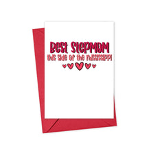 Load image into Gallery viewer, The Stepmom Funny Mother's Day Card by R is for Robo is accompanied by a vibrant red envelope. It displays the bold message "Best Stepmom this side of the Mississippi" in striking red and black, complemented by decorative hearts for a special touch.