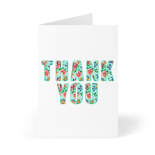 Load image into Gallery viewer, The Cute Floral Thank You Card by R is for Robo stands upright, displaying the words THANK YOU in large, bold letters. Each letter bursts with a vibrant floral pattern, bringing an array of flowers and leaves to life against the plain white background. It's perfect for a heartfelt hand-written note.