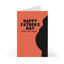Load image into Gallery viewer, The "First Fathers Day Card from the Baby Bump" by R is for Robo is an orange card showcasing a silhouette of a pregnant belly with the message "Happy Father's Day from the baby bump," ideal for celebrating an expecting dad.